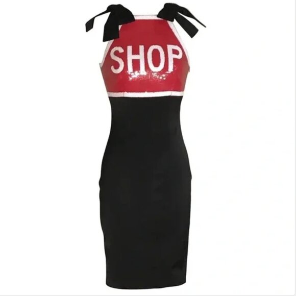 MOSCHINO SHOP Stop Sign Sequin Bow Shoulder Dress, Size 8 US - Picture 1 of 8